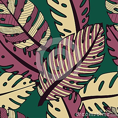 Monstera leaf pattern in green and braun colors Vector Illustration